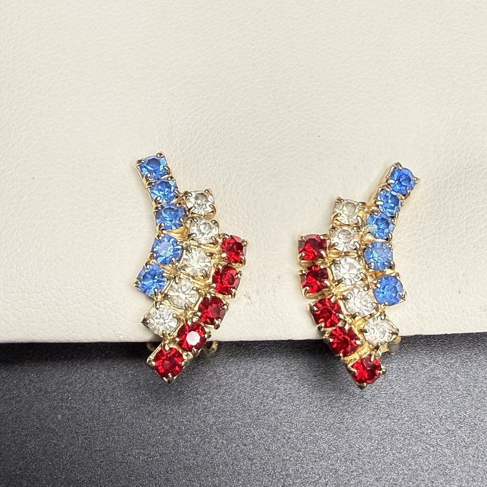 Vintage Red White Blue Rhinestone Clip On Earrings Gold Tone Fan Patriotic 1"